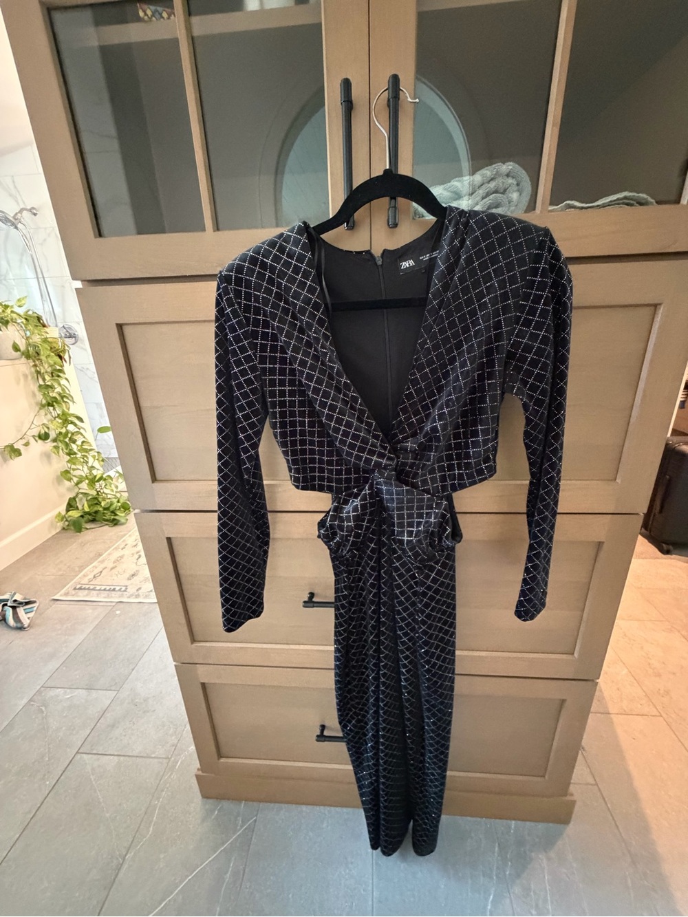 Zara Black Velvet Grid-Print Wrap Jumpsuit